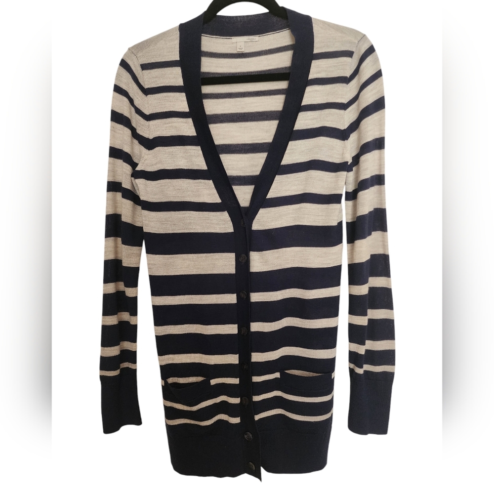 𝅺HALOGEN Wool Blend Gray Navy Blue Striped Button Front Cardigan SZ Medium